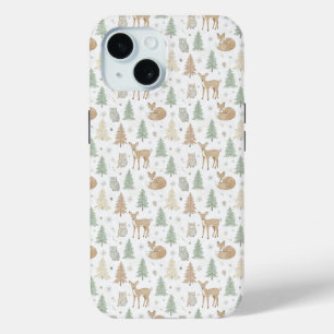 Winter Forest Animals Seamless Pattern iPhone 15 Case