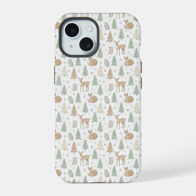 Winter Forest Animals Seamless Pattern iPhone 15 Case (Back)