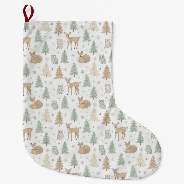 Winter Forest Animals Seamless Pattern Large Christmas Stocking (Front)