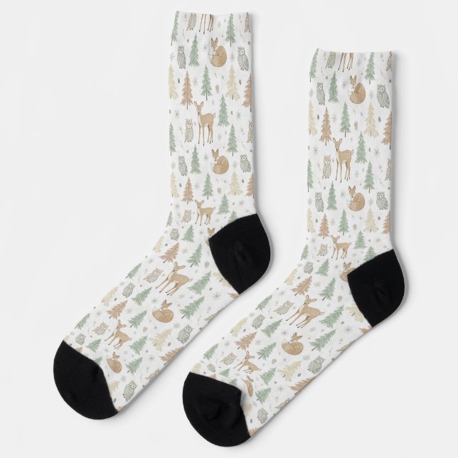 Winter Forest Animals Seamless Pattern Socks (Left)