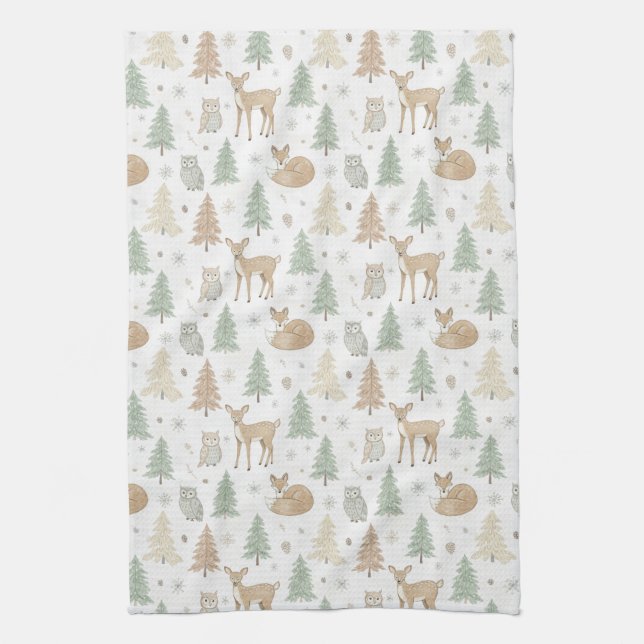 Winter Forest Animals Seamless Pattern Tea Towel (Vertical)