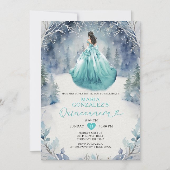 Winter Forest Aqua Blue Princess Dress Quinceañera Invitation (Front)