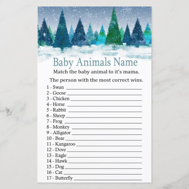 winter forest Baby Animals Name Game baby shower (Front)