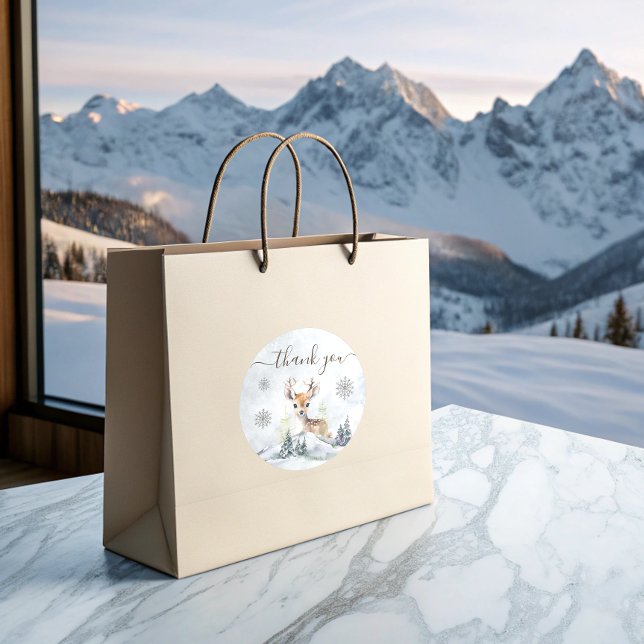 Winter Forest Baby Deer Baby Shower Classic Round Sticker (Winter Forest Baby Deer Baby Shower Classic Round Sticker)