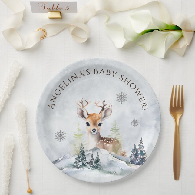 Winter Forest Baby Deer Baby Shower Paper Plate (Wedding)