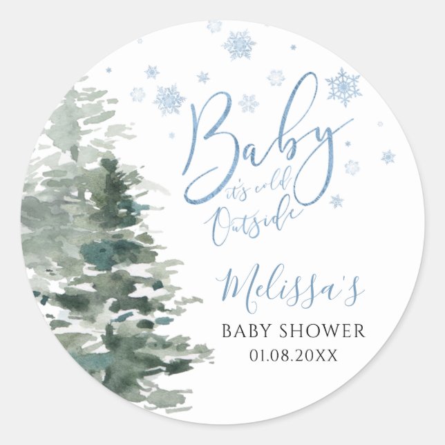 Winter Forest Blue It's Cold Outside Baby Shower Classic Round Sticker (Front)