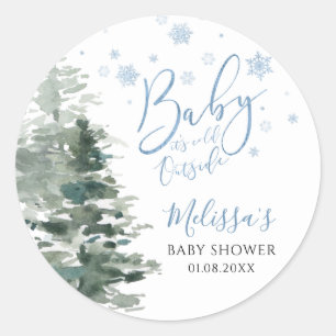 Winter Forest Blue It's Cold Outside Baby Shower Classic Round Sticker