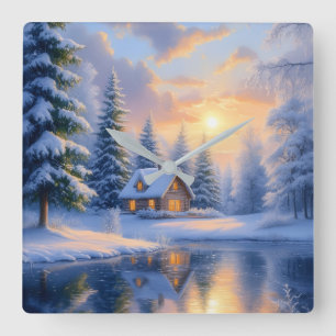 Winter Forest Cabin at Sunset Wall Square Wall Clock