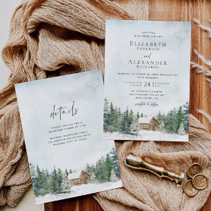 Winter Forest Cabin Pine Trees Wedding Details Invitation