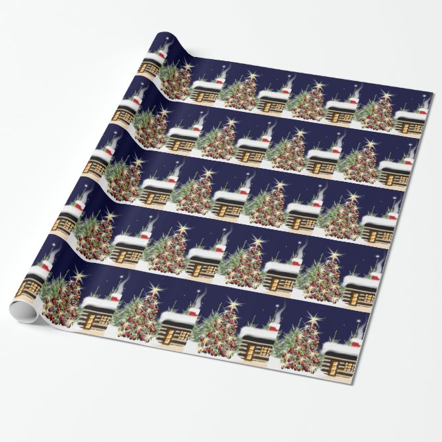 Winter Forest Christmas Cabin Holiday Scene Xmas Wrapping Paper (Unrolled)