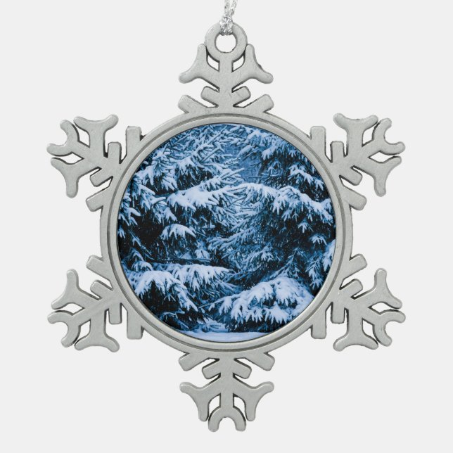 Winter Forest Christmas Tree Snowflake Pewter Christmas Ornament (Front)