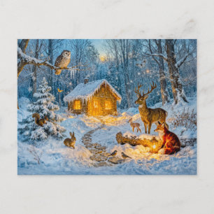 Winter Forest Cottage with Deer, Fox and Owl – Fan Postcard