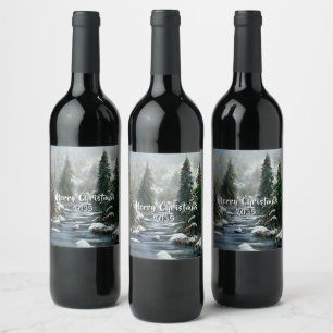 Winter Forest Country River Christmas  Wine Label