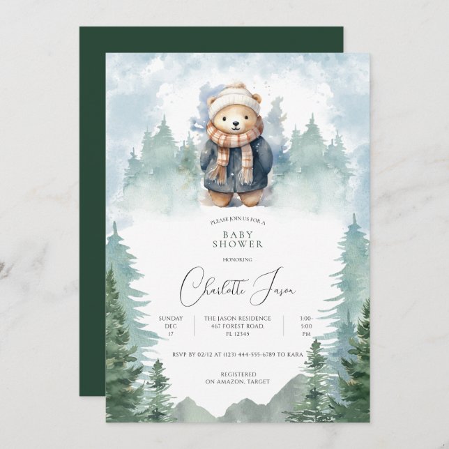 Winter Forest Cute Bear Baby Shower Invitation (Front/Back)