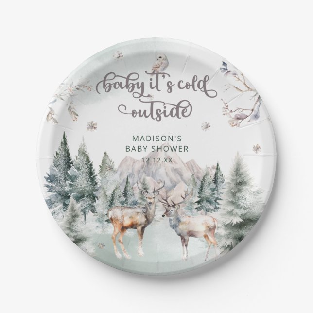 Winter Forest Deer Baby Shower Paper Plat Plate (Front)