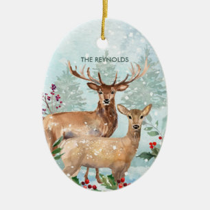 Winter forest, deer, log cabin Ceramic Ornament