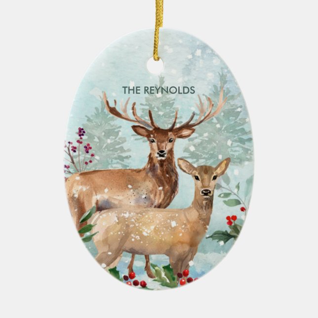 Winter forest, deer, log cabin Ceramic Ornament (Front)