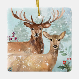 Winter forest, deer, log cabin Ceramic Ornament