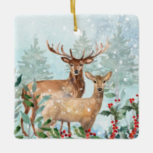 Winter forest, deer, log cabin Ceramic Ornament