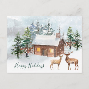 Winter forest, deer, log cabin Christmas Postcard