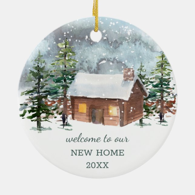 Winter forest, deer, Our new home Ceramic Ornament (Back)