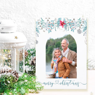 Winter Forest Foliage Arch Photo Elegant Script Holiday Card