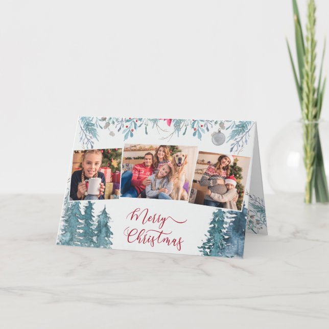 Winter Forest Foliage Elegant Script 3 Photo Holiday Card (Front)