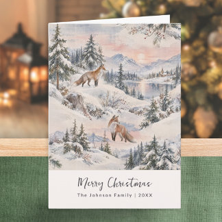 Winter Forest Fox Cosy Watercolor Snowy Landscape Card