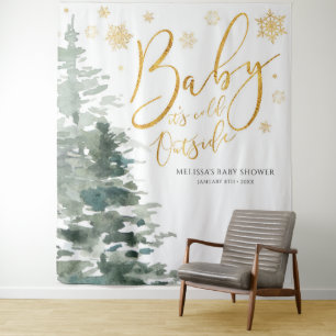 Winter Forest Gold Baby It's Cold Outside Backdrop Tapestry
