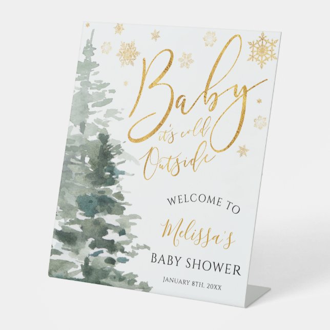 Winter Forest Gold Baby Shower Welcome Pedestal Sign (Front)
