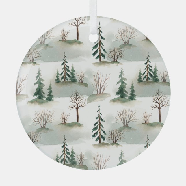 Winter Forest: Hand-Drawn Green Blur Glass Tree Decoration (Front)