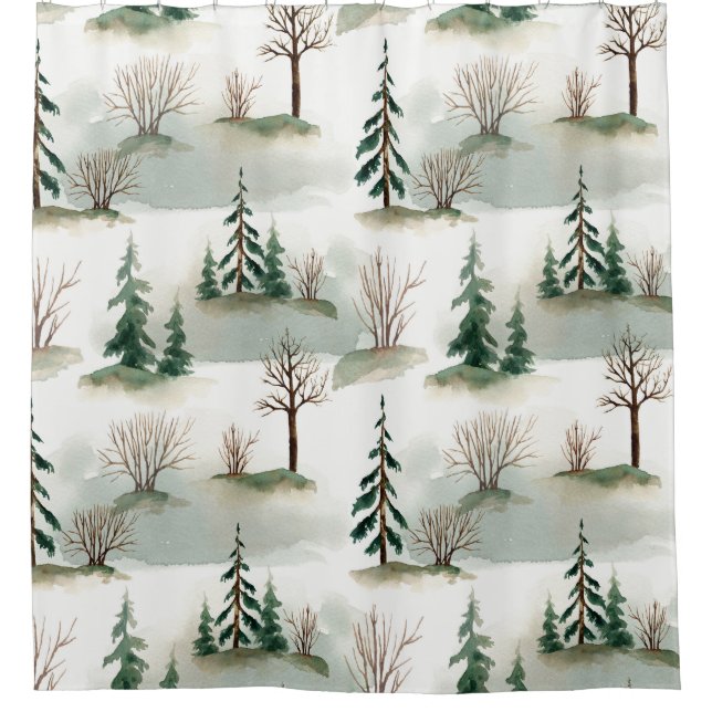 Winter Forest: Hand-Drawn Green Blur Shower Curtain (Front)