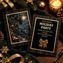 Winter Forest Holiday Card – Elegant Gold Foil Bow