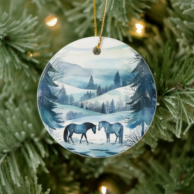 Winter Forest Horses Equestrian Monogram Ceramic Tree Decoration (Tree)