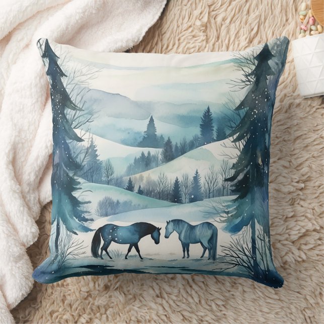 Winter Forest Horses Equestrian Monogram Cushion (Blanket)