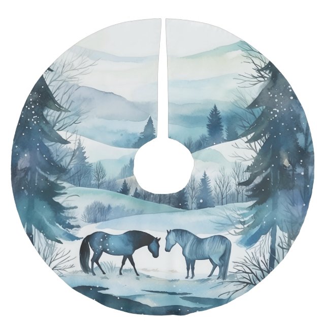 Winter Forest Horses Festive Equestrian Christmas Brushed Polyester Tree Skirt (Front)