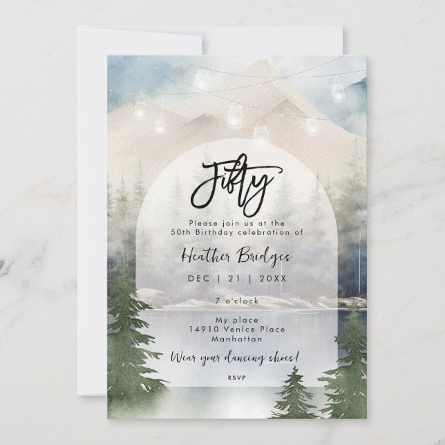 Winter forest lake 50th birthday party invitation (Front)