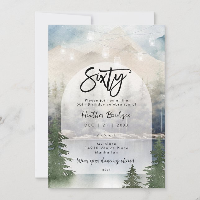 Winter forest lake 60th birthday party invitation (Front)