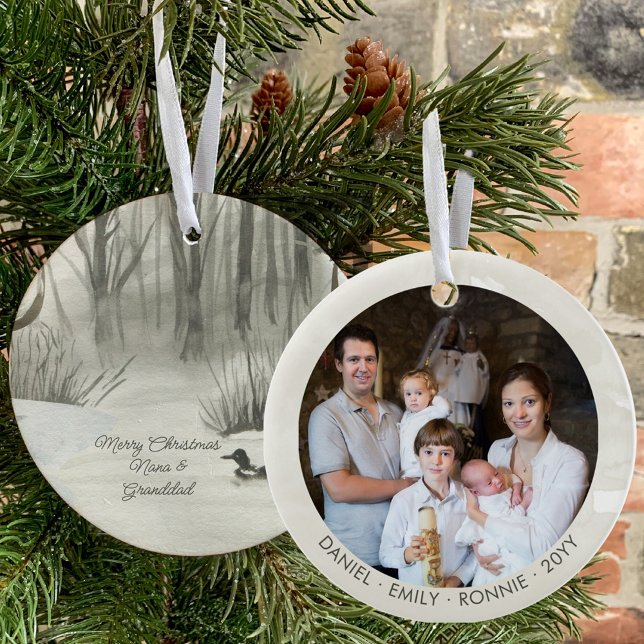 Winter Forest Lake Watercolor Personalised Photo Ceramic Tree Decoration (Creator Uploaded)