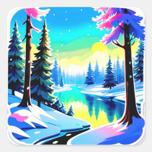 Winter Forest Landscape With Snowy Trees Square Sticker