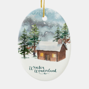 Winter forest, log cabin, antlers Ceramic Ornament