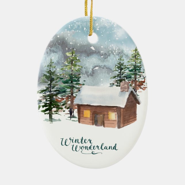 Winter forest, log cabin, antlers Ceramic Ornament (Back)