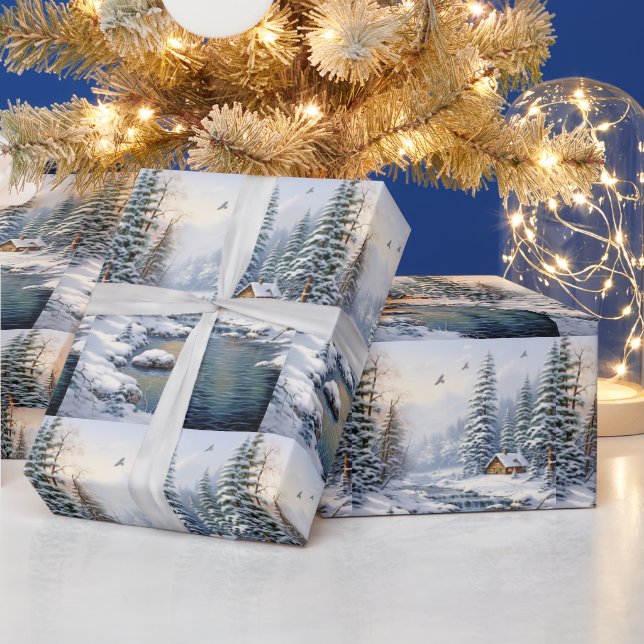 Winter Forest Log Cabin Birds Pine Trees River Wrapping Paper (Holidays)