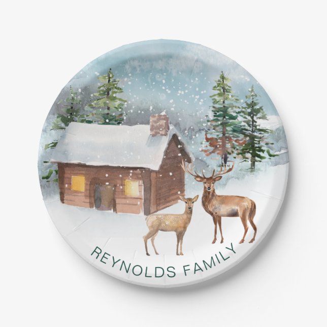 Winter forest, log cabin, deer paper plate (Front)