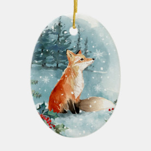 Winter forest, log cabin, fox Ceramic Ornament