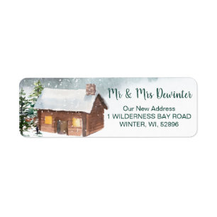 Winter forest, log cabin return address