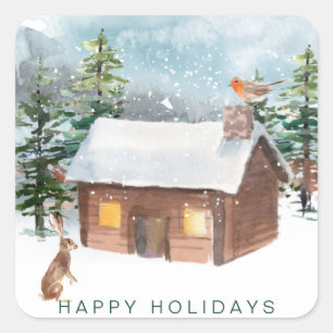 Winter forest, log cabin, robin, hare square sticker