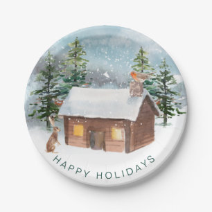 Winter forest, log cabin, robin paper plate