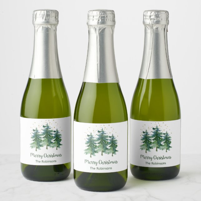 Winter Forest Merry Christmas Sparkling Wine Label (Bottles)