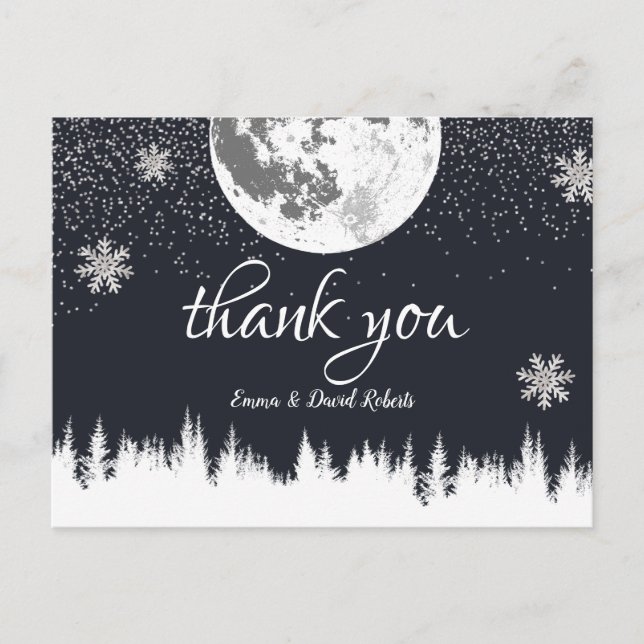 Winter Forest Moon & Snowflakes Wedding Thank You Postcard (Front)